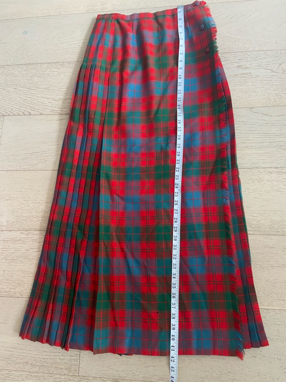 Vintage Wool Tartan Kilt Skirt Maxi Red Green Plaid High Waist 26” Dark Academia - Picture 9 of 9